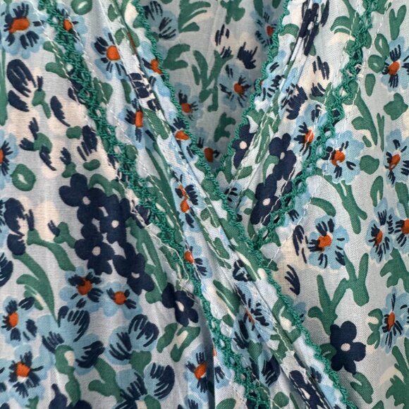 Poupette St Barth Floral Wrap Mini Dress Blue Green Ruffle Hem SZ S - Picture 4 of 5